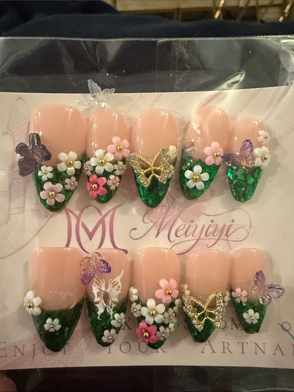 3DFloral Butterfly Green Glitter French handmade acrylic Press-On Nails